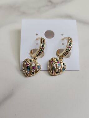 Multicolor Heart Dangle Gold Filled Huggies Earring